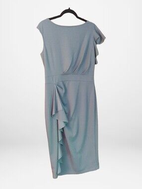 Quiet Luxury Asymmetrical Ruffle Dress L Sheath Gray Neutral by Aisize Timeless